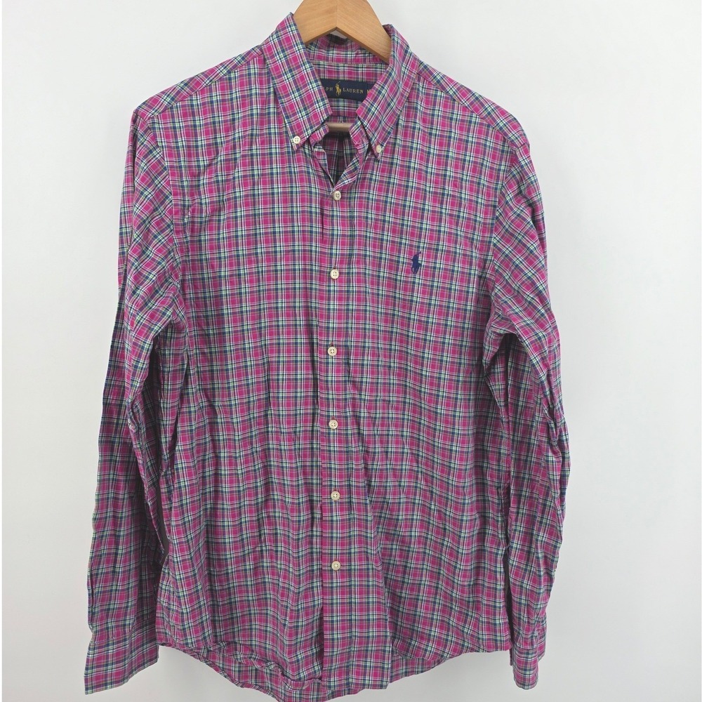 Ralph Lauren Mens Medium Pink Plaid Button Down Shirt Long Sleeve Cotton - Picture 6 of 9